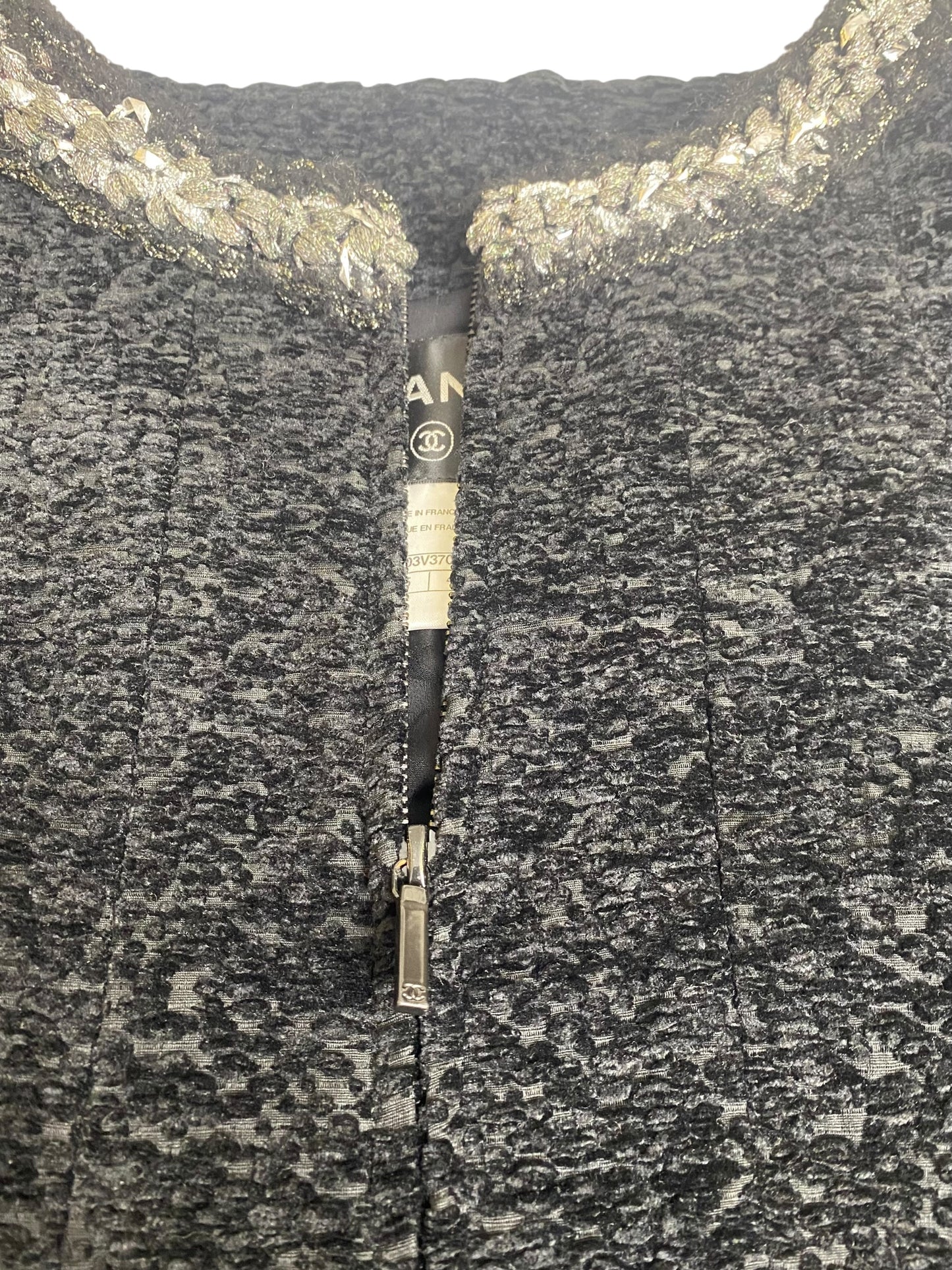 Chanel 14A Runway Supermarket Collection Black Boucle Silver Metallic Braided Trim Jacket 42