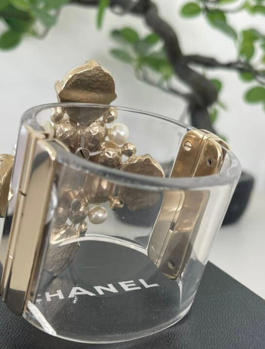 Rare Chanel 13S CC Pearl Medallion Clear Resin Cuff Bracelet