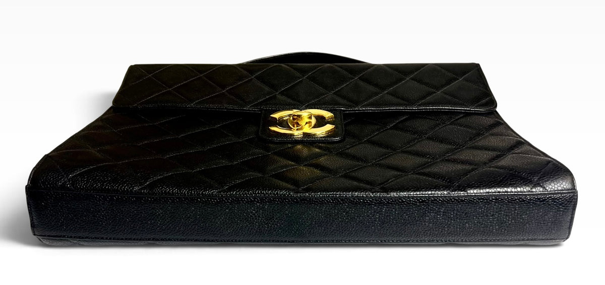 Vintage 90s Chanel XL Jumbo Black Caviar Quilted Classic Briefcase Bag 24K GHW