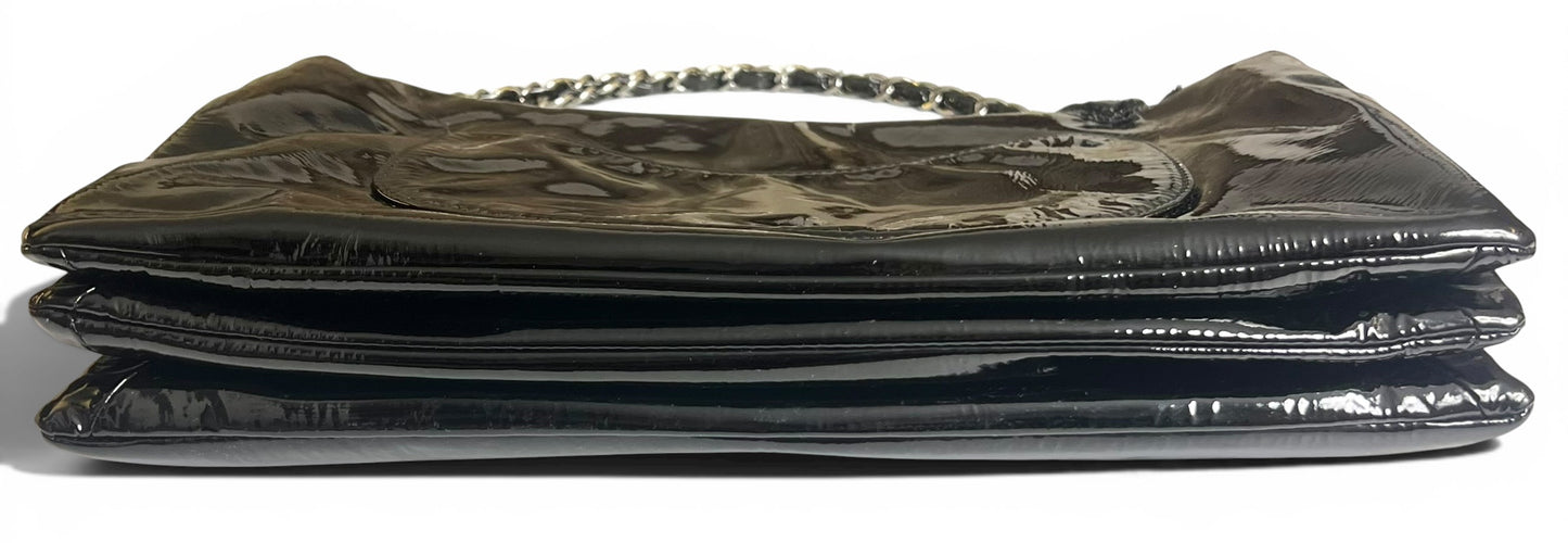 Chanel 10A Paris-Shanghai Jumbo Black Patent Leather Camellia Petals Accordion Flap Bag SHW