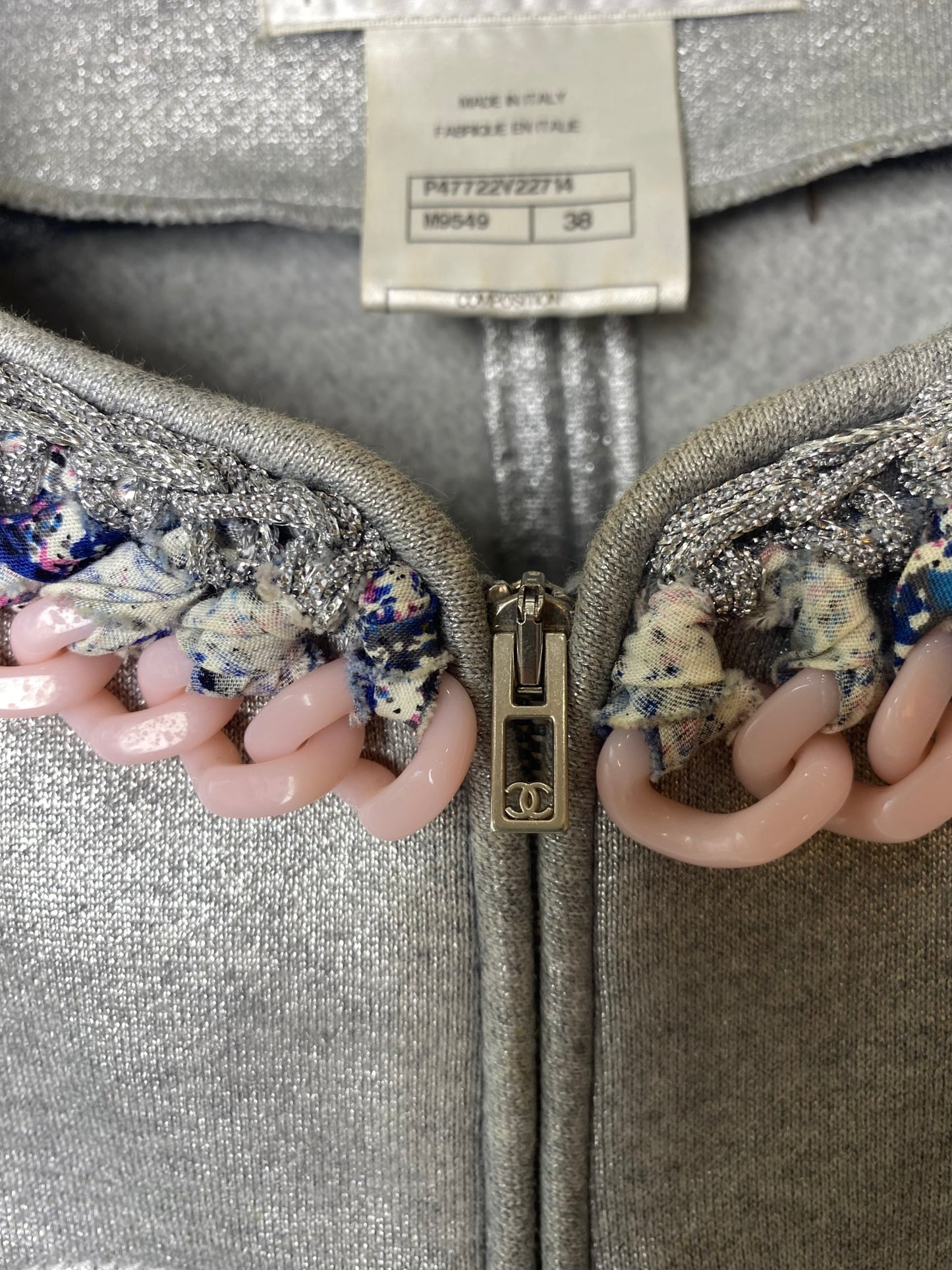 Chanel 2014 Supermarket Metallic Silver Grey Bomber Jacket Tweed and Lucite Pink Trim FR 38