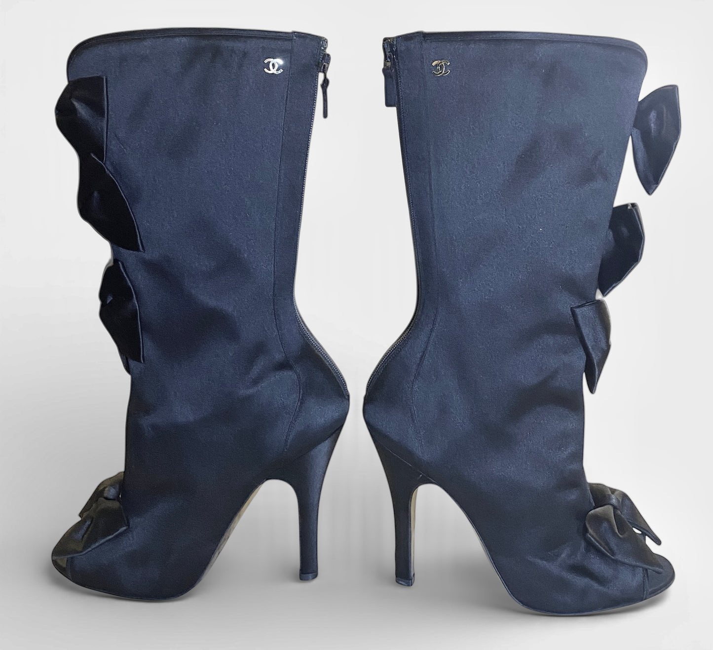 Rare Chanel 09P Black Satin CC Bow Mid Calf Peep Toe Booties Ankle Boot Heels FR 38