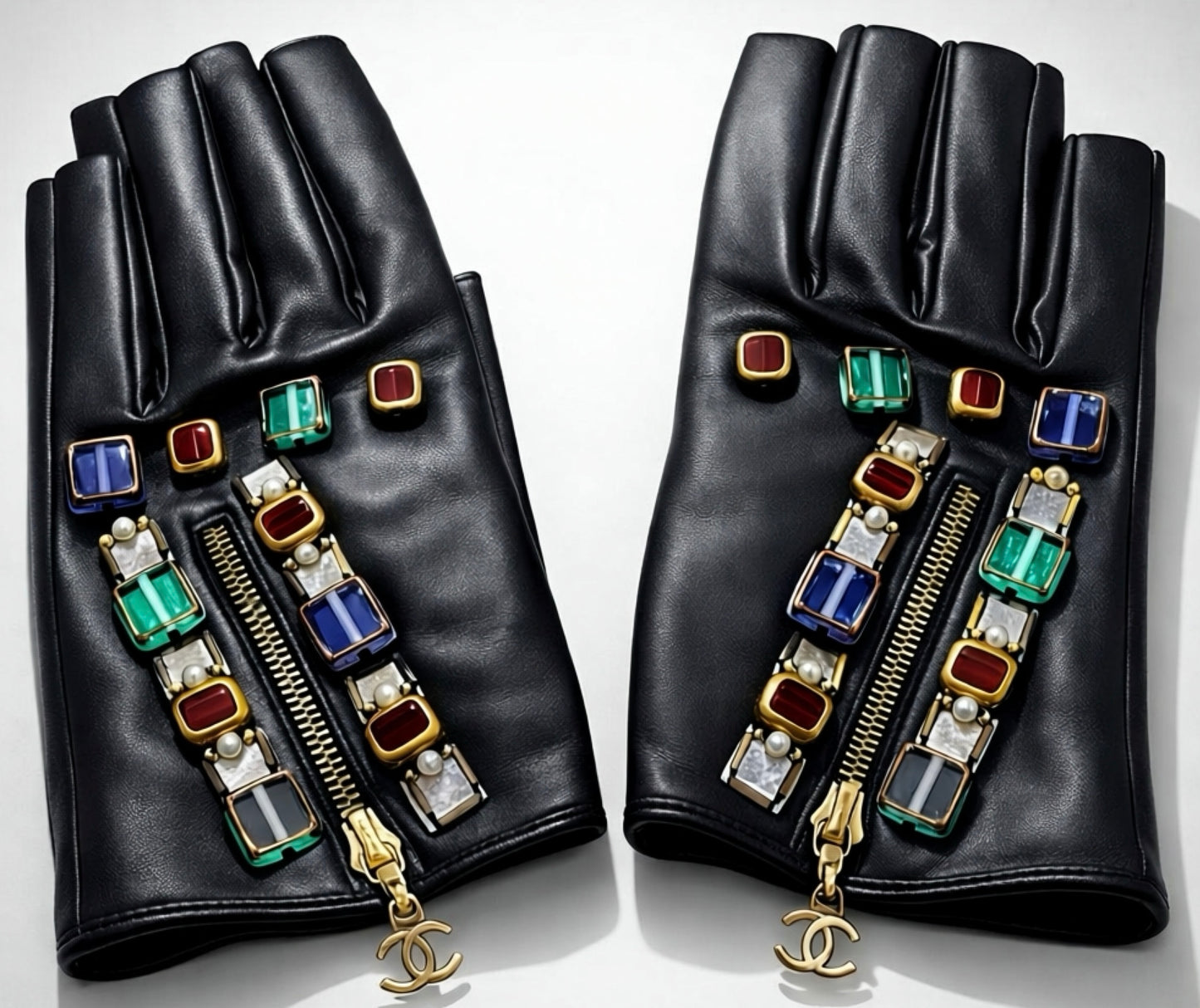 RARE Chanel 11A Paris Byzance Black Leather Jeweled Stone Gloves Size 7