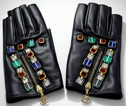 RARE Chanel 11A Paris Byzance Black Leather Jeweled Stone Gloves Size 7
