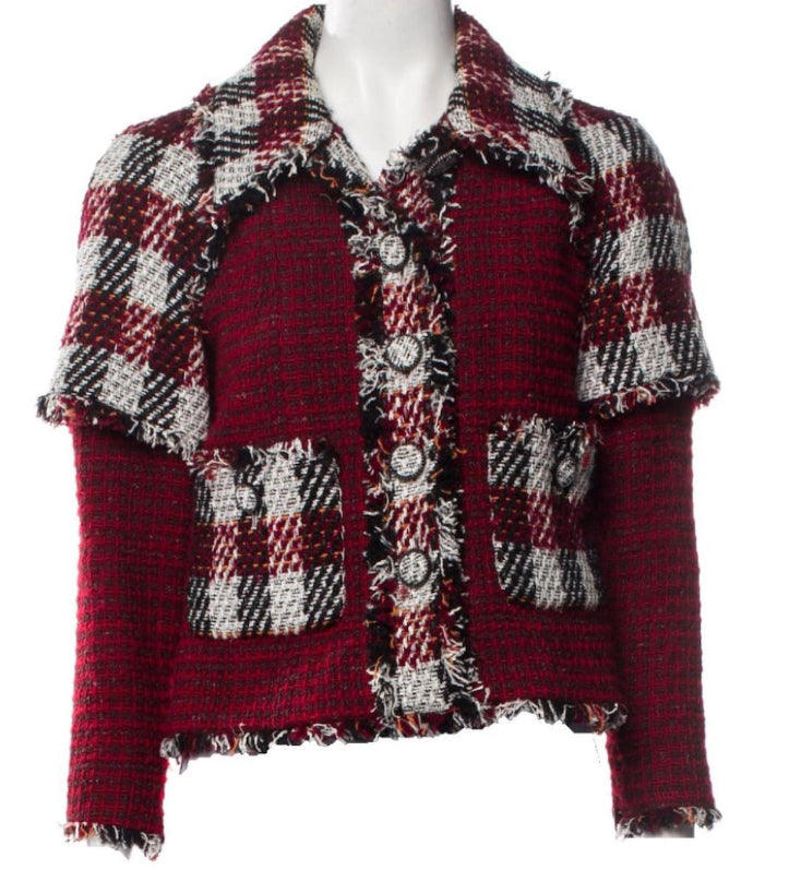 Chanel 16A Runway Burgundy Plaid Tweed Fringe Jacket FR 40
