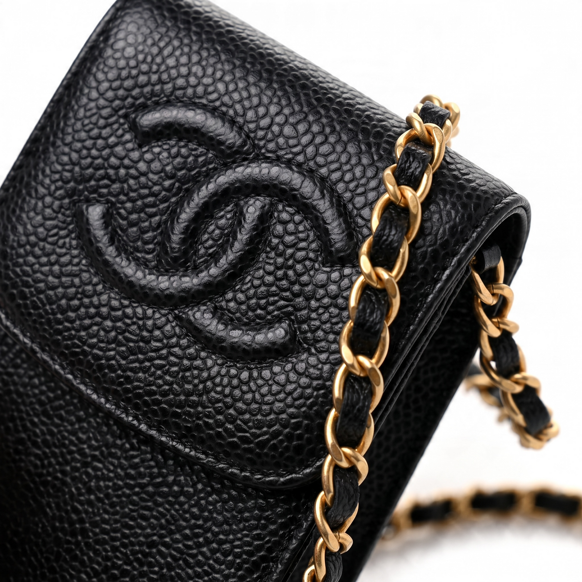 Chanel Vintage Black Caviar CC Phone Holder Pouch Chain Bag GHW