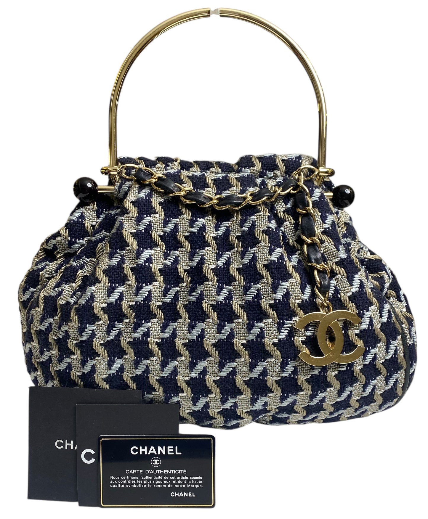 Rare Chanel 05P Runway Navy Blue Beige Tweed Top Handle Basket Bag