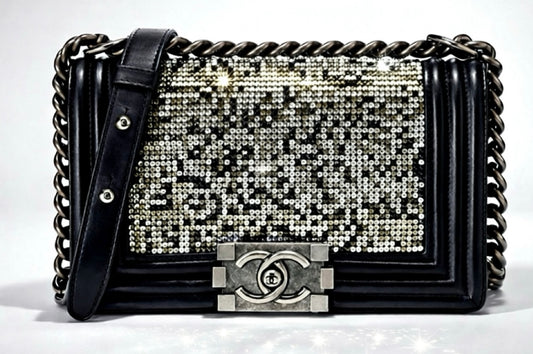 Chanel 14P Swarovski Crystals Small Black Leather Boy Bag