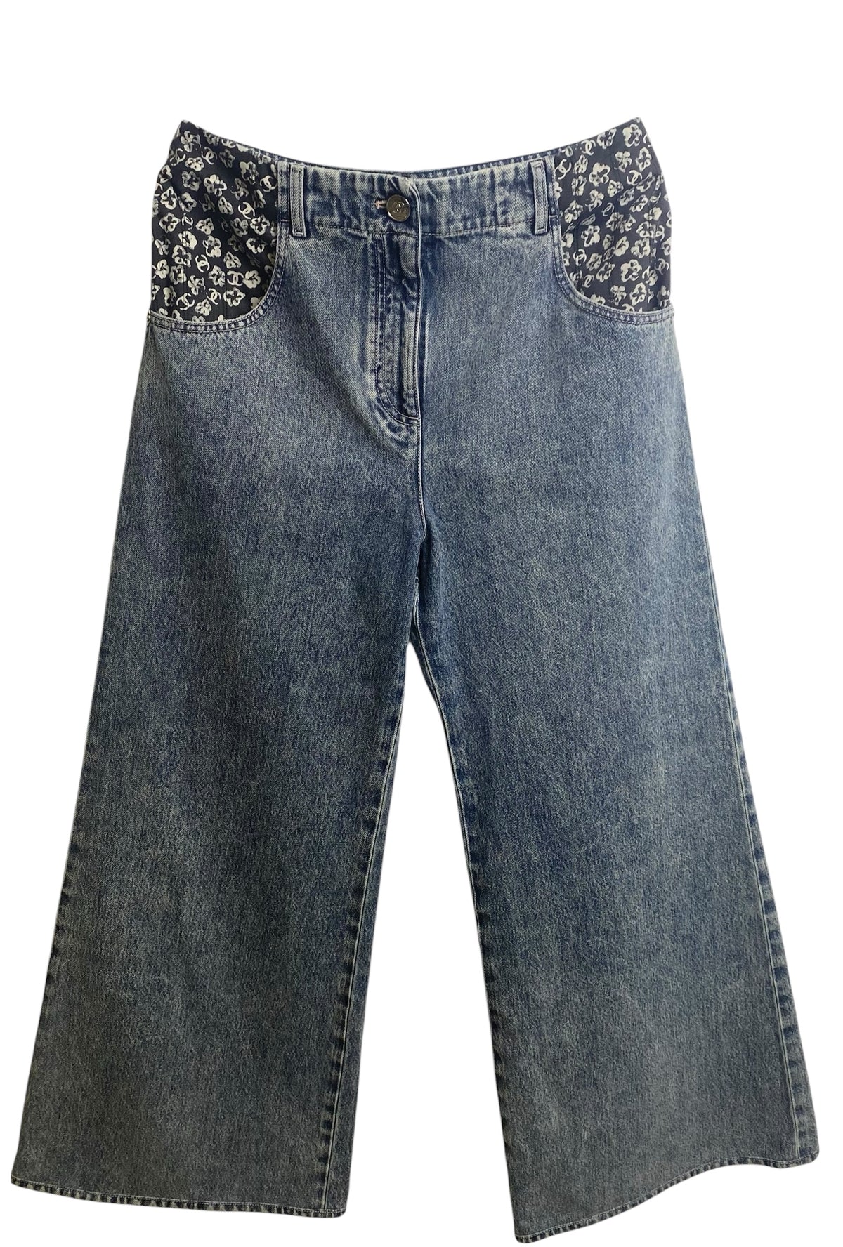 Chanel 25B Wide Leg Camellia Blue Jeans FR 40