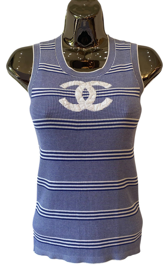 Chanel 19C La Pausa Blue White Striped Cotton Knit CC Logo Tank Top Blouse FR 38