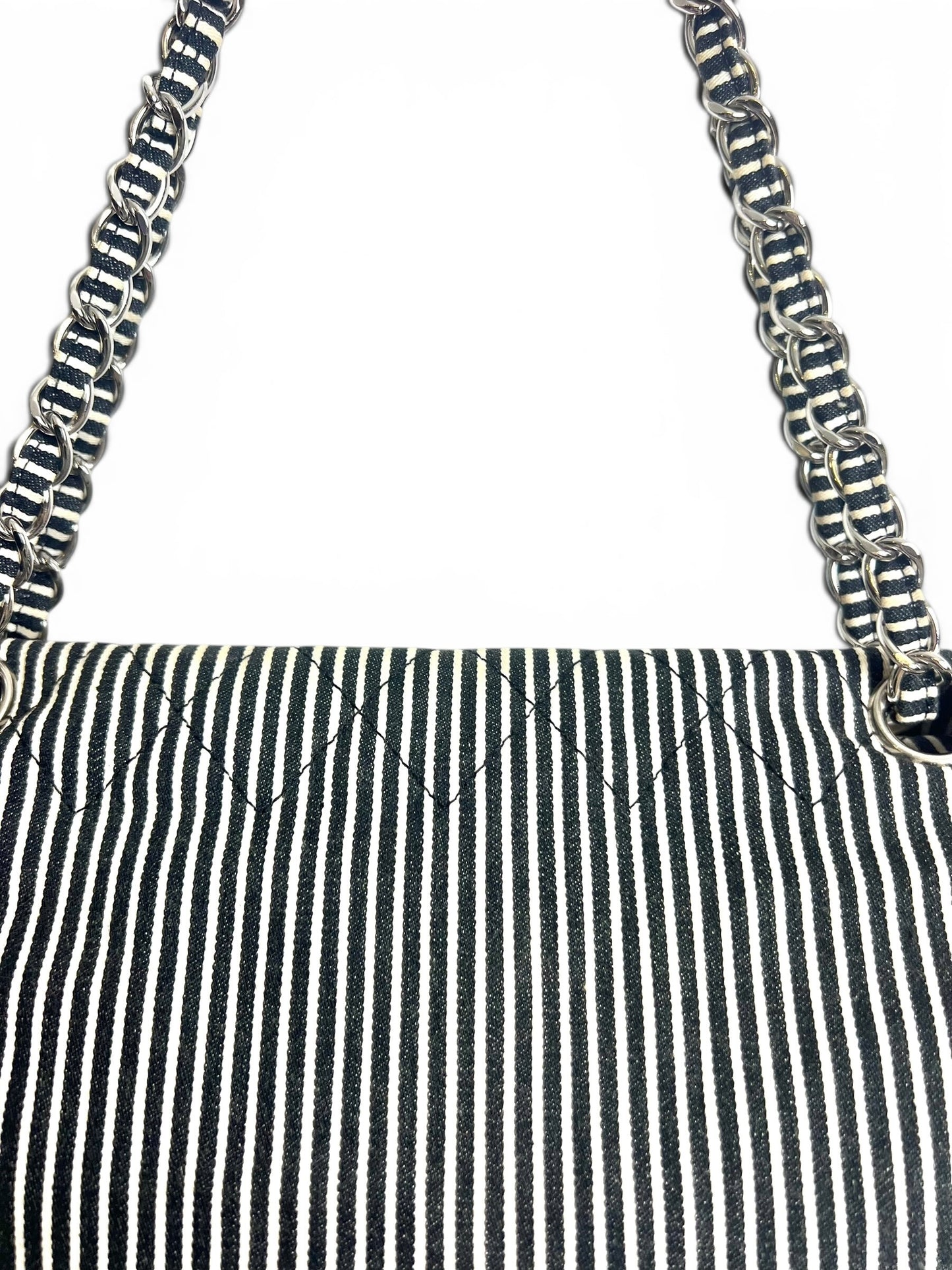 Chanel 08C Medium Black White Stripe Denim Canvas Classic Double Flap Bag