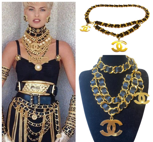 Iconic Vintage Chanel 93P Jumbo Gold Chain CC Logo Black Leather Belt Necklace