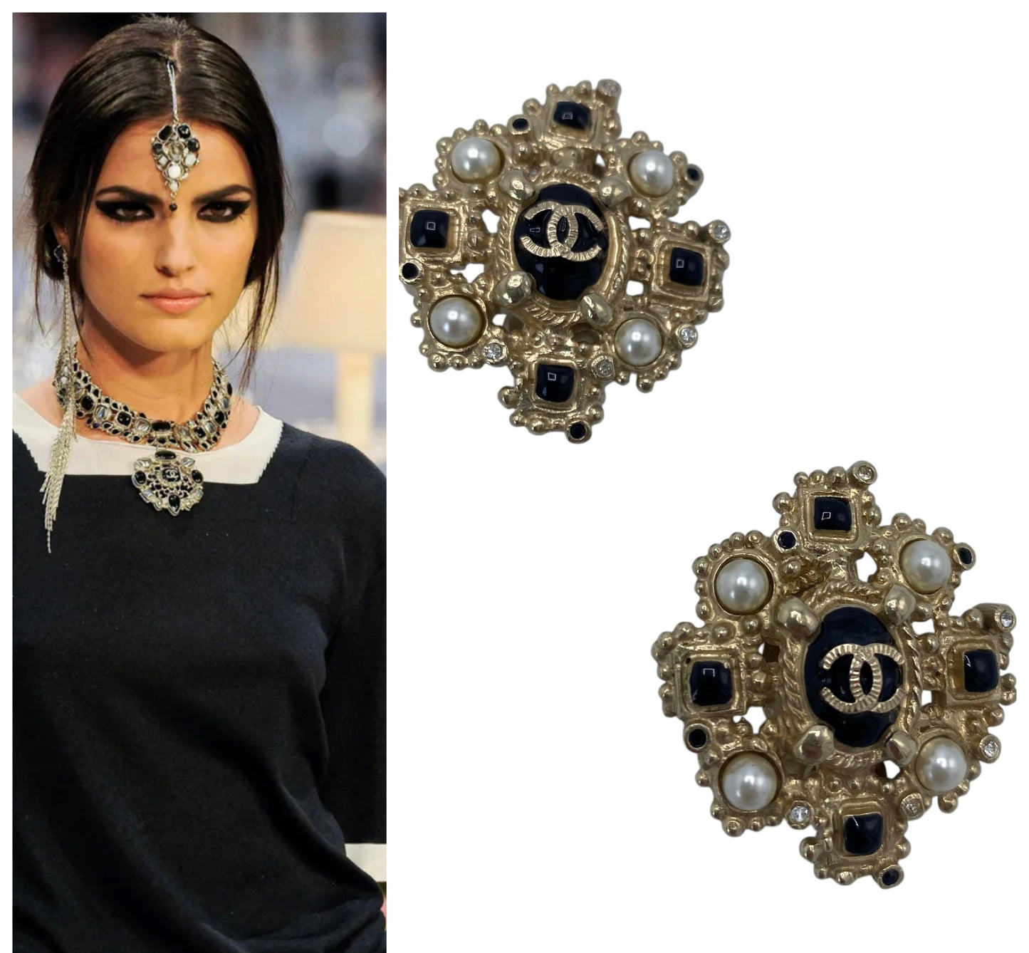 Rare Chanel 12A Paris-Bombay Large Gold Black Pearl Crystal Clip On Earrings