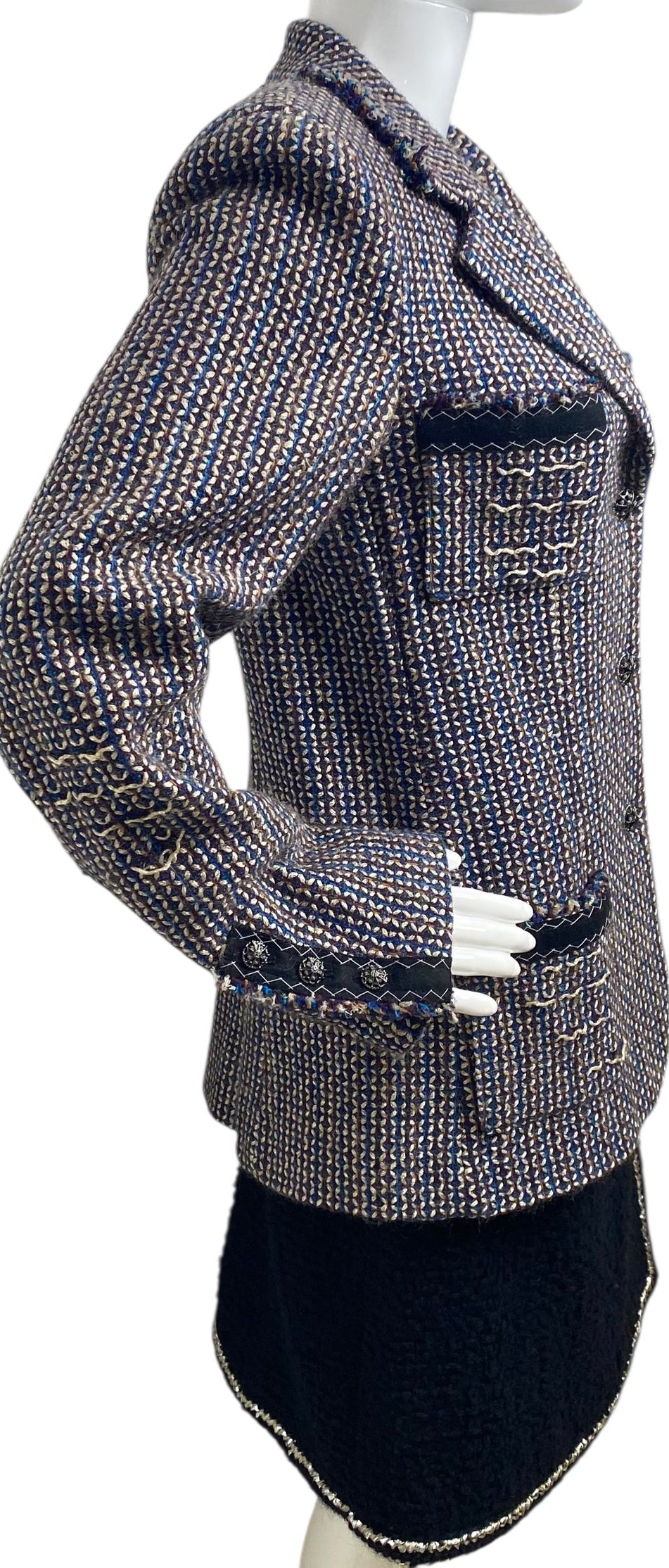 Rare Chanel 08A Runway Tweed Turquoise Blue Multicolor Gold Blazer Jacket FR 36