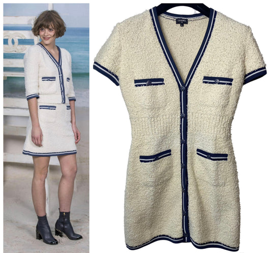 Chanel 19P Ivory and Navy Fantasy Tweed Short Sleeve Dress FR 36