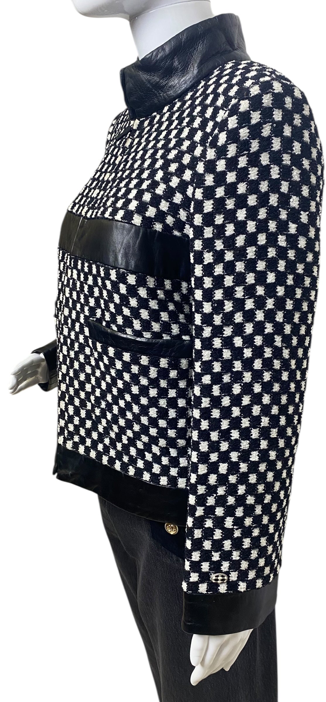 Chanel 17B Metropolitan Checker Sequin Leather Trim Zip Up Jacket FR 42