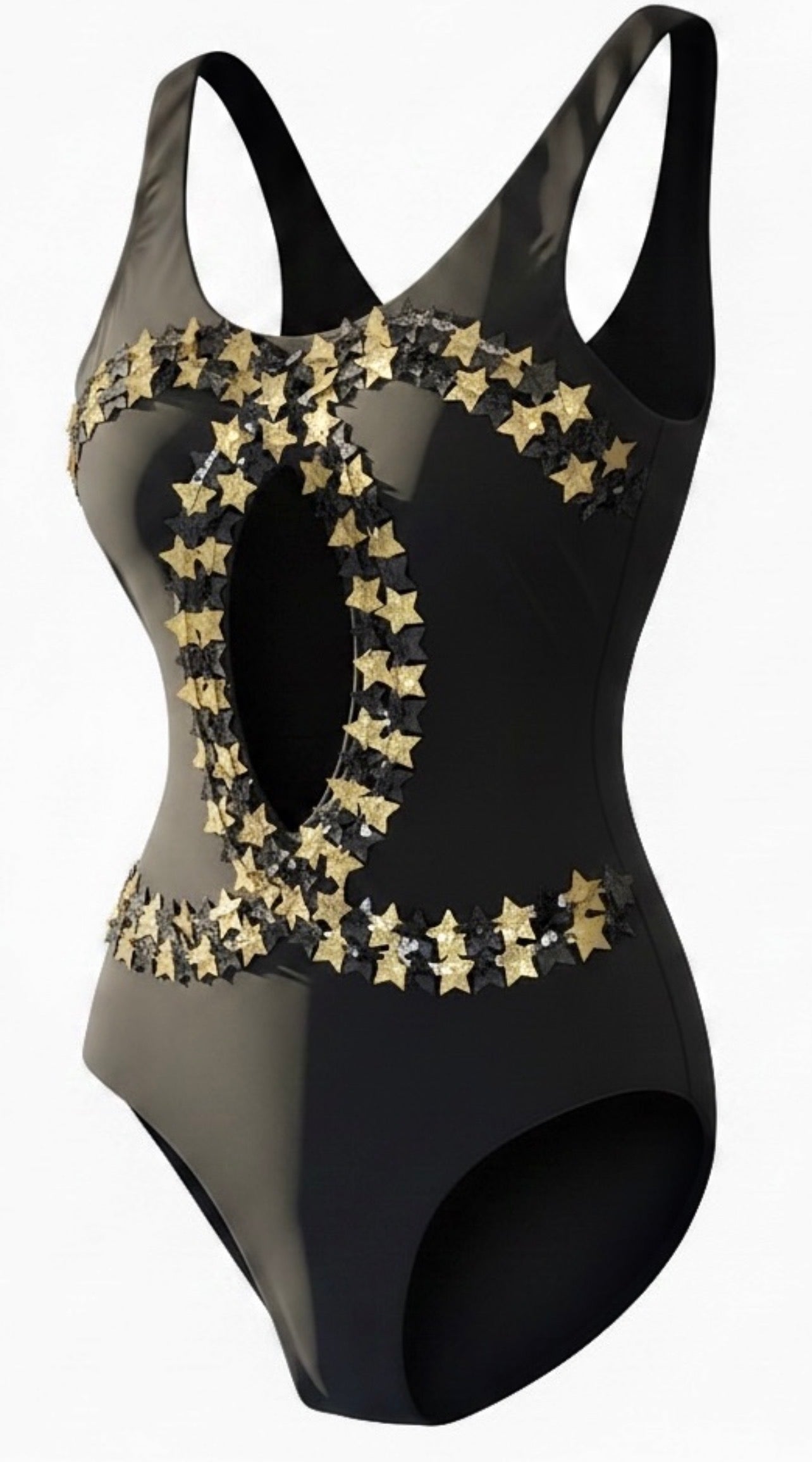 CHANEL 24C RUNWAY NEW TAGS BLACK GOLD STAR APPLIQUÉ SWIMSUIT FR 34