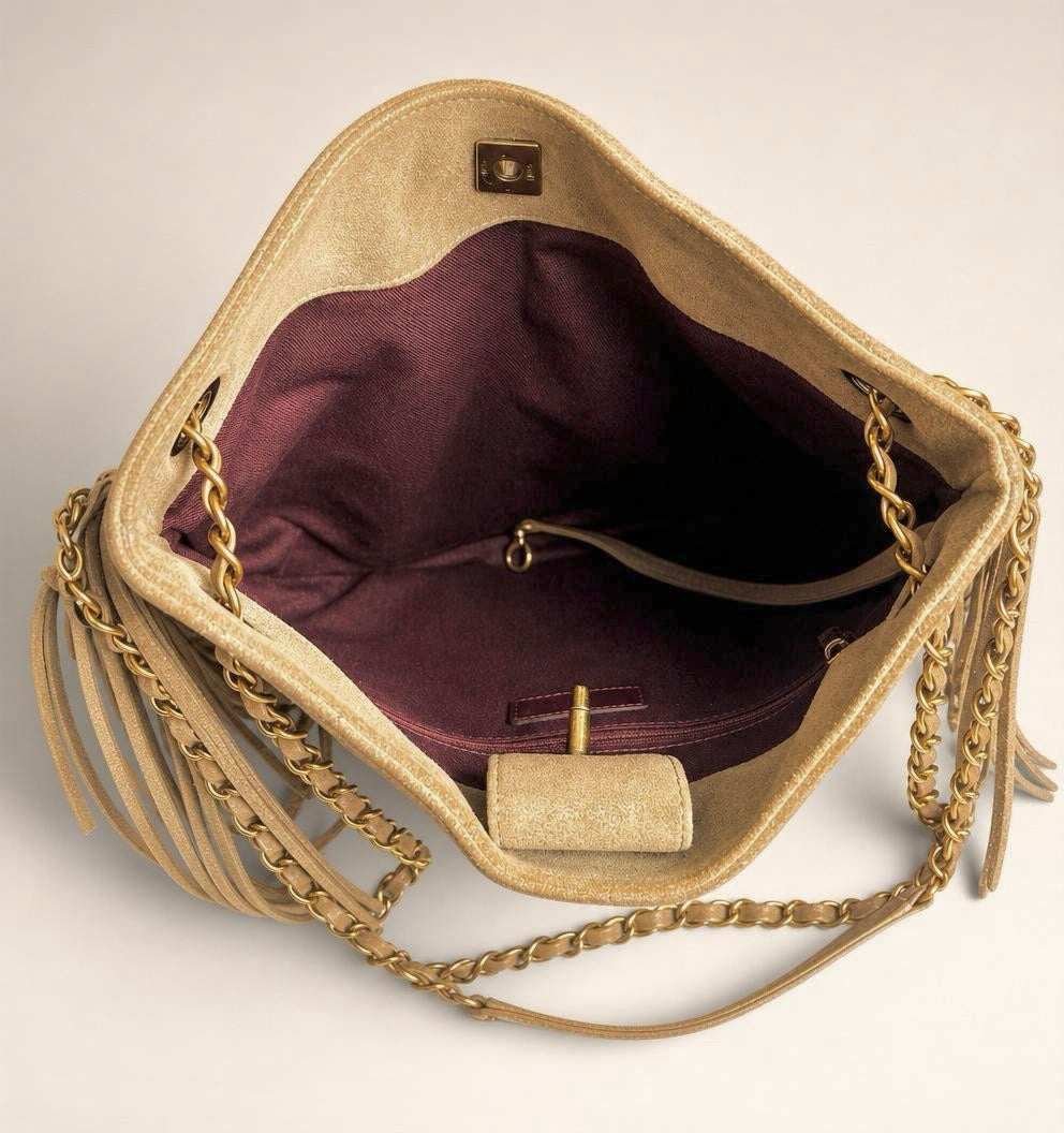 Chanel 14A Paris Dallas Iridescent Taupe Brown Nubuck Classic Hobo Shopper Tote Bag