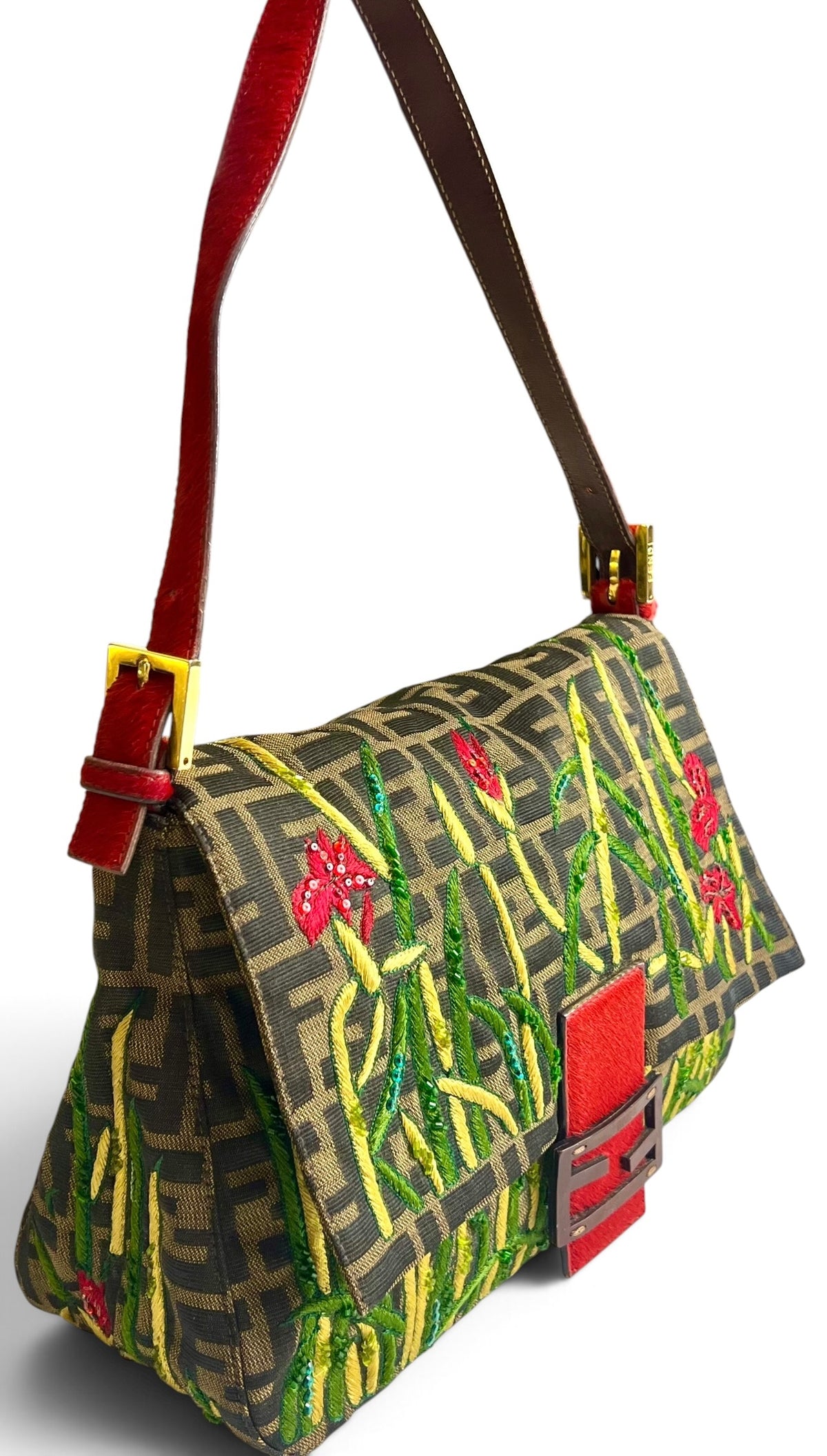 Vintage FENDI Garden Floral Embroidered Beaded Pony Hair Zucca FF Mamma Baguette Bag