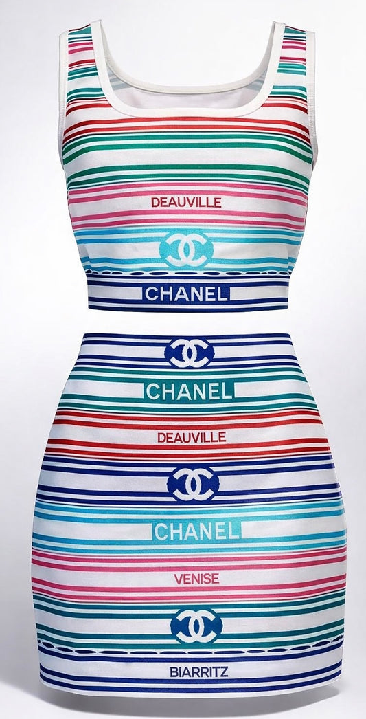 Chanel 19P Sand by the Sea Multicolor Stripe Crop Top Skirt Set FR 36