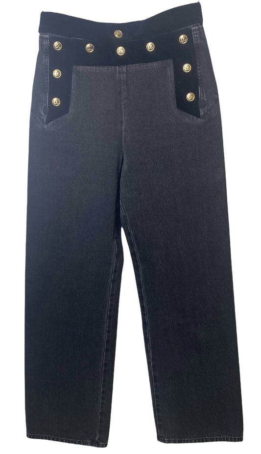 Chanel 20C Washed black velvet-trimmed cotton denim sailor boyfriend jeans FR 36