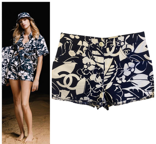Chanel 2021 Coco Beach Navy Blue White Mini Cotton Shorts FR 38