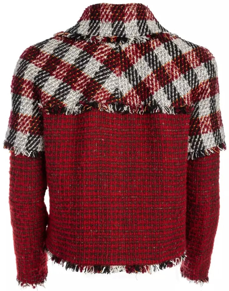 Chanel 16A Runway Burgundy Plaid Tweed Fringe Jacket FR 40