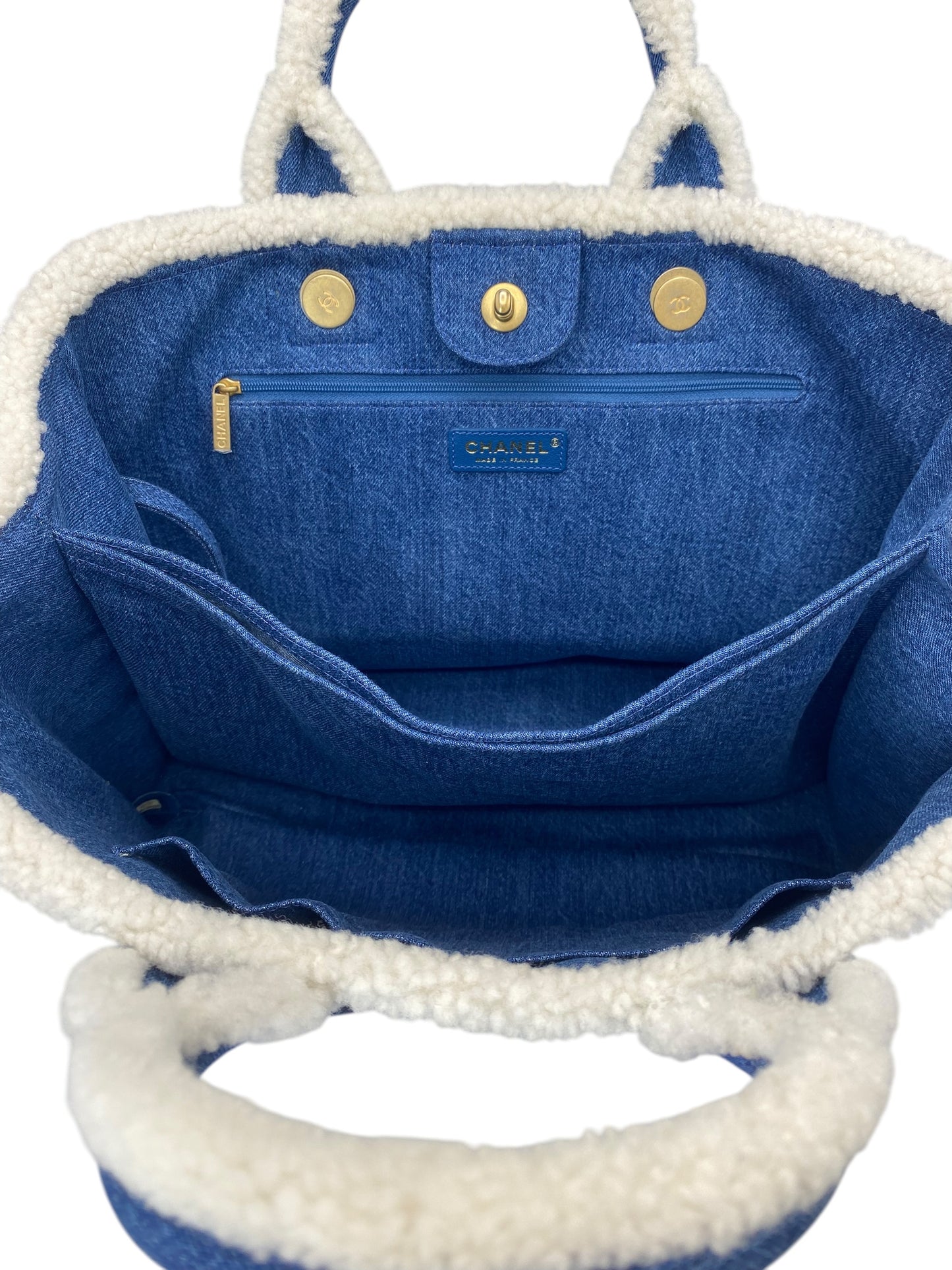 Chanel 19A Paris-New York Egypt Blue Denim & Shearling Hieroglyph Coco Shopping Tote