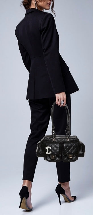 Chanel 2005 Small Cambon Reporter Black White Lambskin Handbag SHW