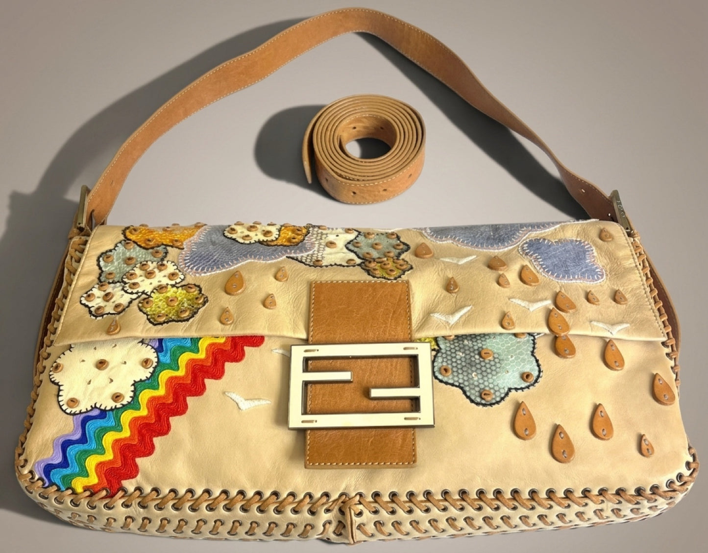 ULTRA RARE FENDI MAXI RAINBOW WHIPSTITCH EMBROIDERED 3WAY BAGUETTE BAG