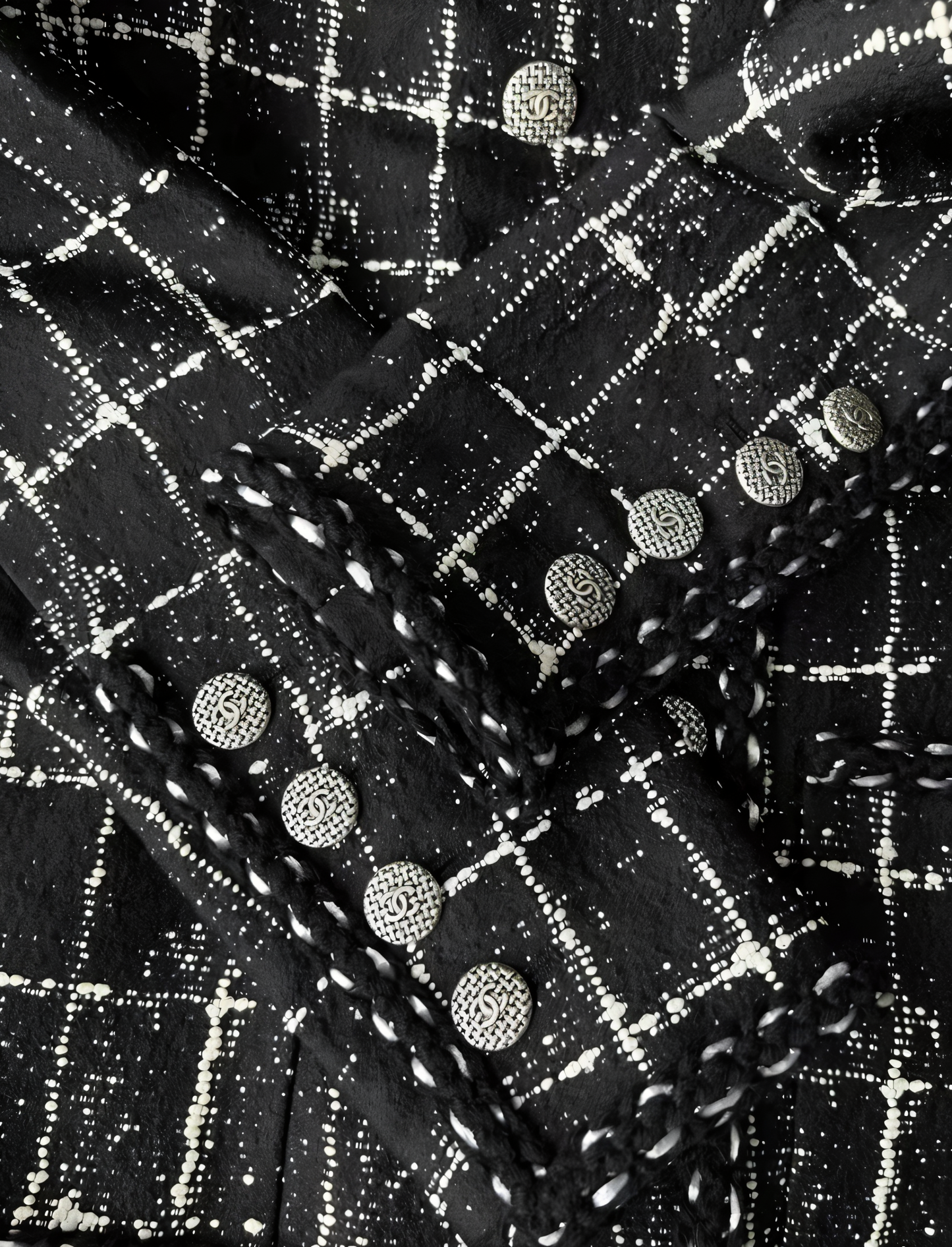 Chanel 14P Black Grid Tweed Braided Trim Double Breasted Jacket FR 36