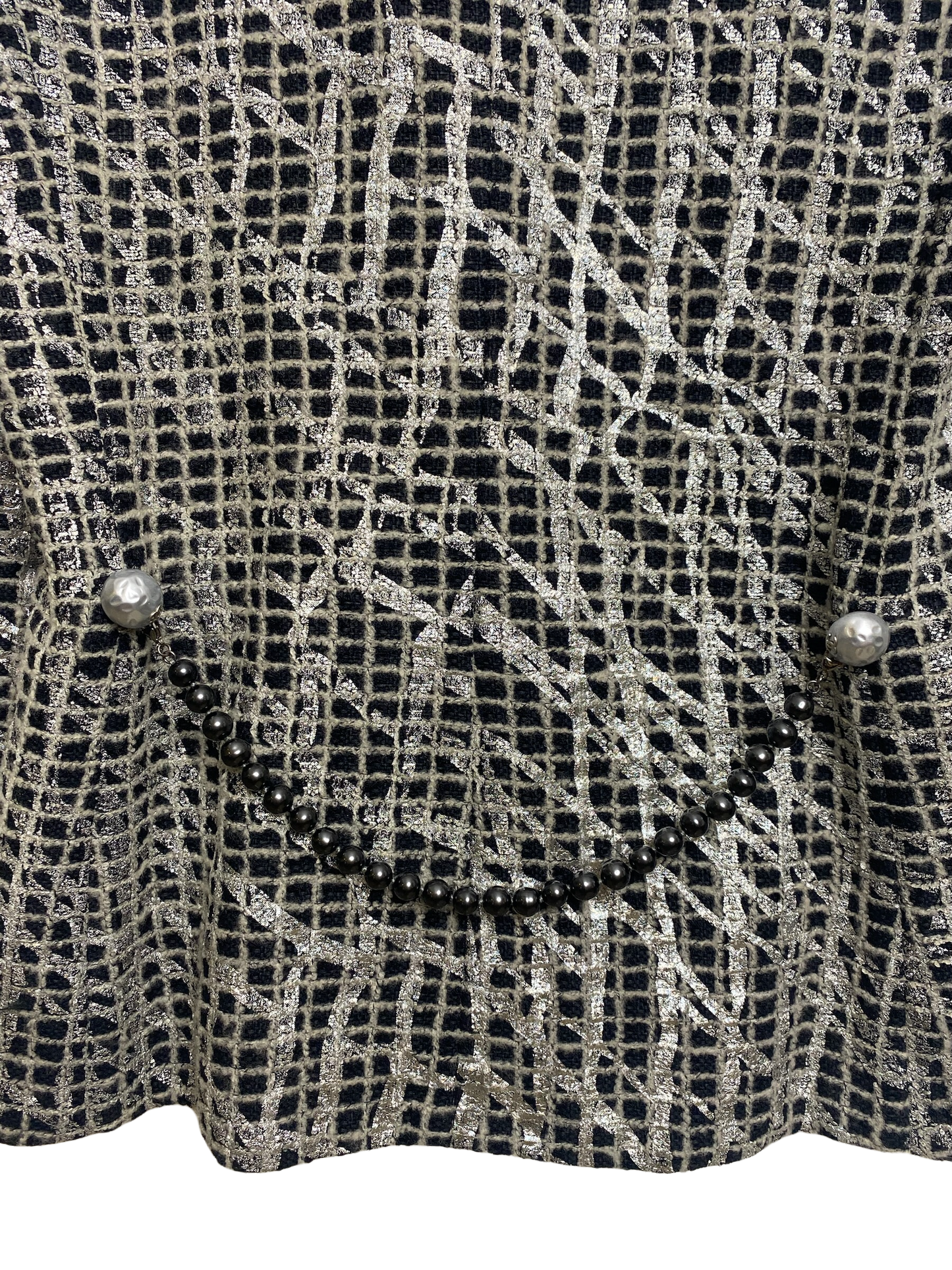Chanel 12P Double Breasted Silver Metallic Graffiti Black Removable Pearls Jacket FR 36