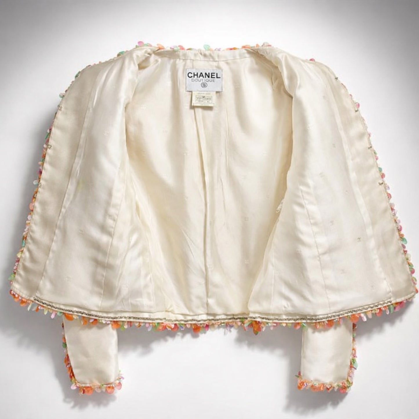 Vintage Chanel 96P Barbie Ivory Shantung Silk Sequin Beaded Pallets Jacket FR 42