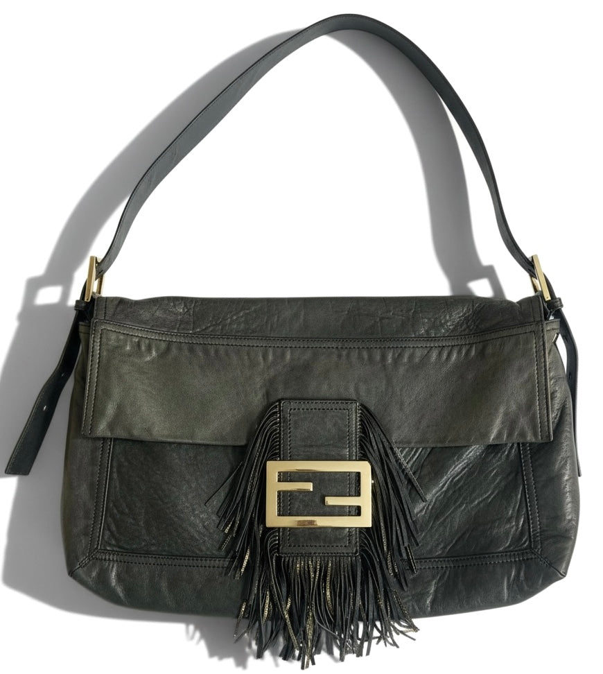 Vintage Fendi XL Black Gold Metallic Leather Wild Fringe Baguette Shoulder Crossbody Bag
