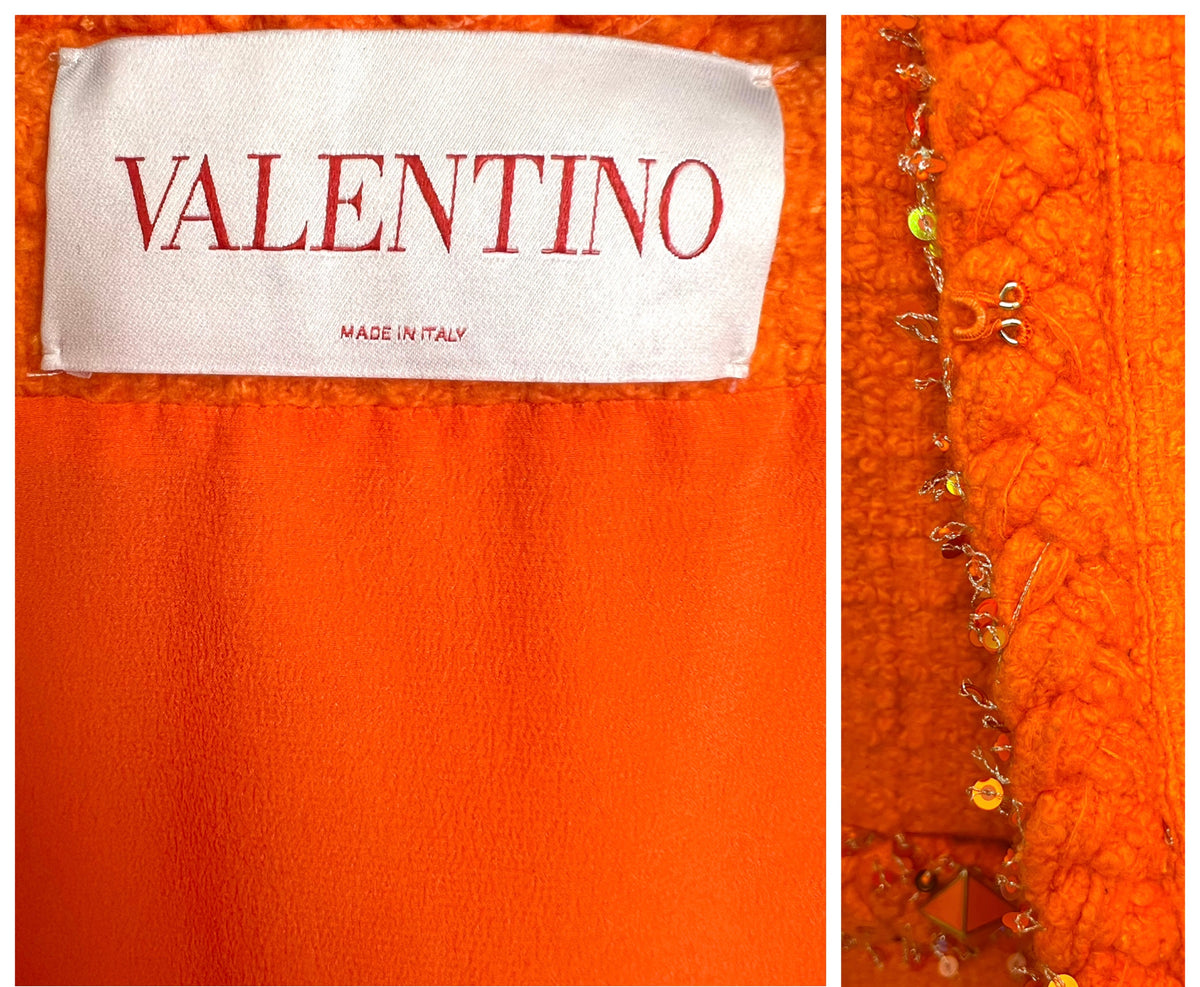 Valentino Orange Tweed Sequin Ostrich Feathers Jacket IT 38/40 US S/M