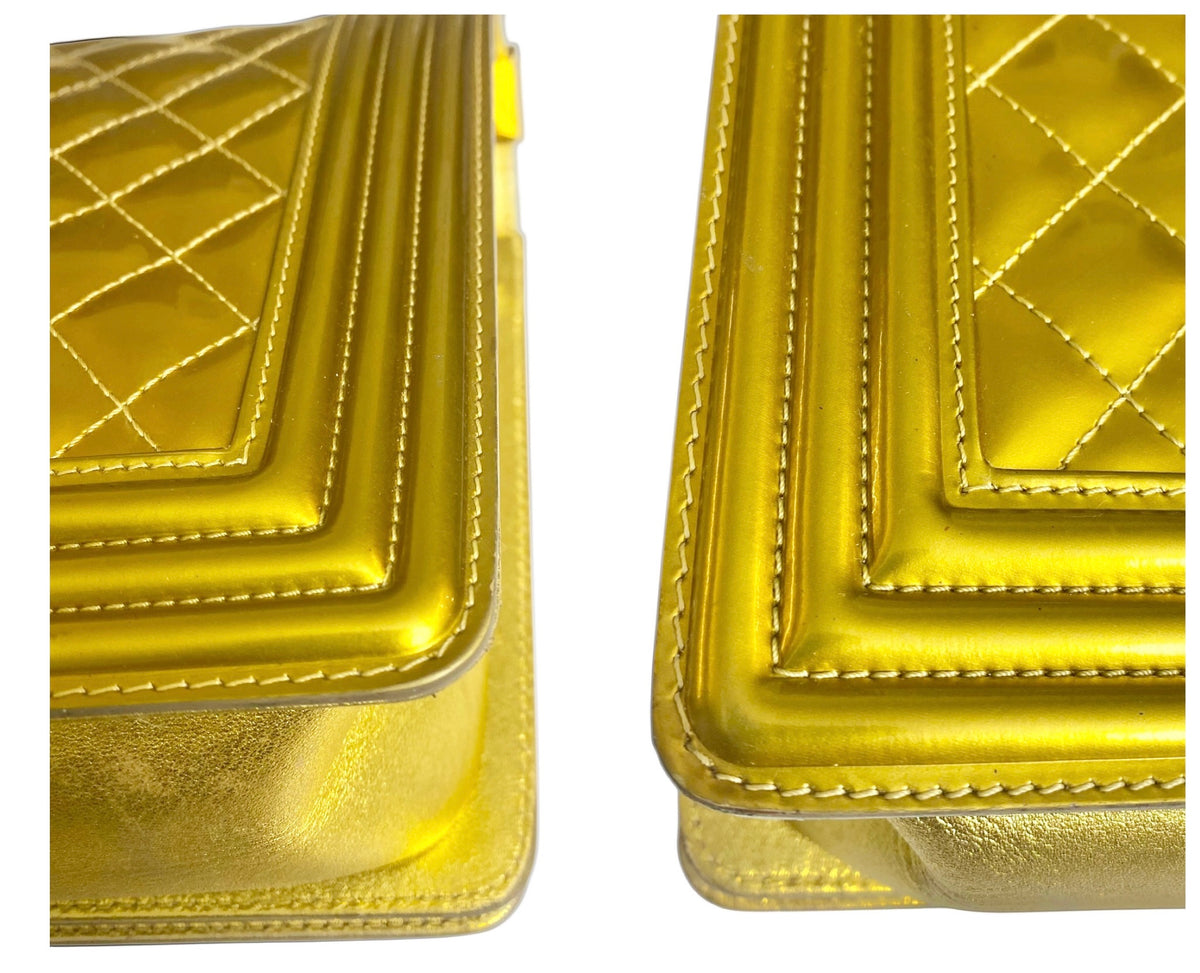 Chanel New Medium Boy Metallic Gold Patent Calfskin Leather GHW