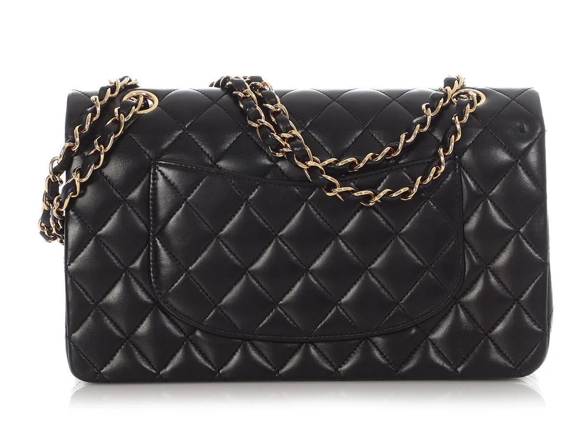 Chanel Classic Timeless Double Flap Medium Lambskin Black Shiny Gold Hardware