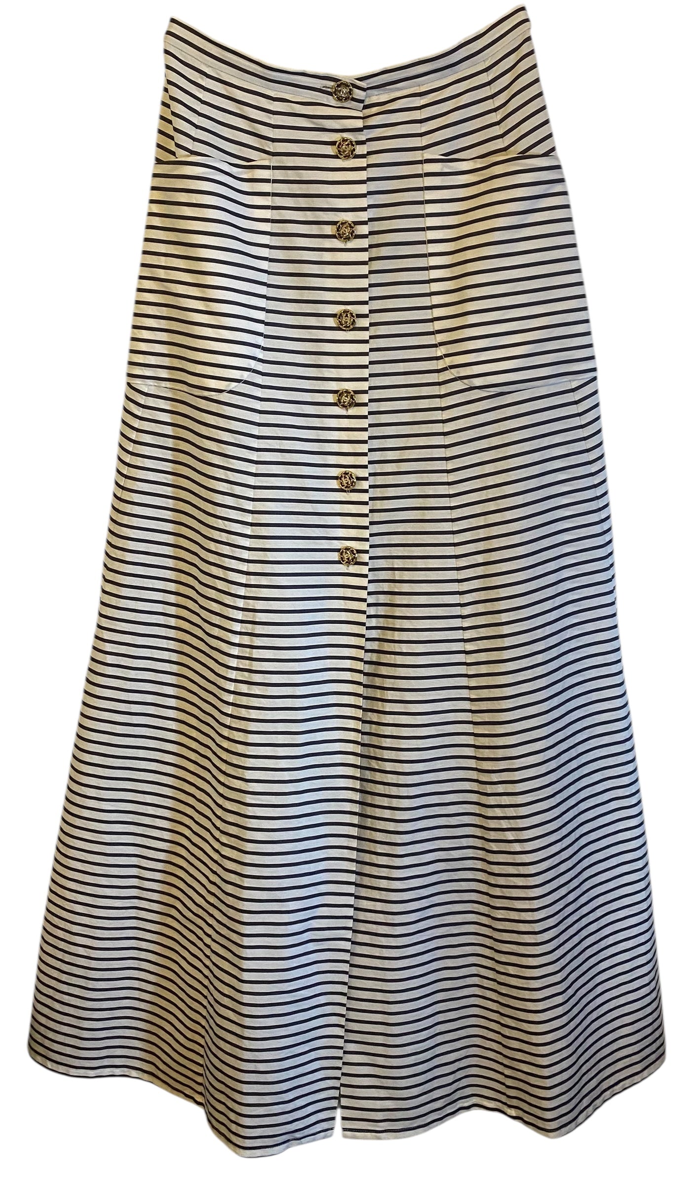 CHANEL 22S RUNWAY STRIPE MAXI SKIRT CC BUTTONS FR 36
