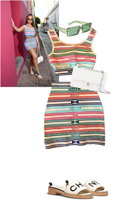 Chanel 19P Multicolor Stripe Crop Top and Skirt Set FR 36