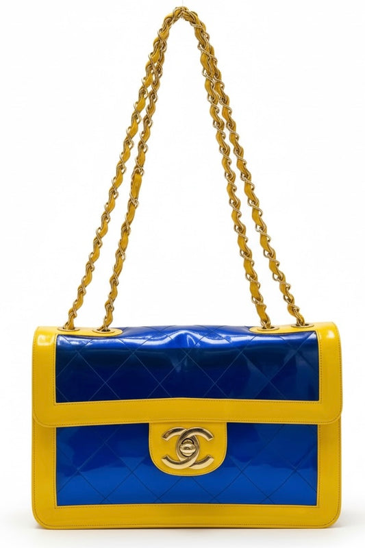 Chanel Ultra Rare 1995 Barbie Collection Yellow Blue Maxi PVC Vinyl Patent Flap Bag