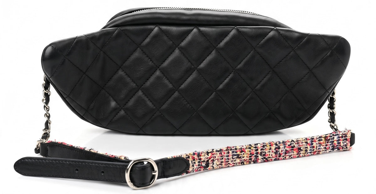 Chanel 19S Black Leather Multicolor Tweed Trim Quilted Waist Belt Bag