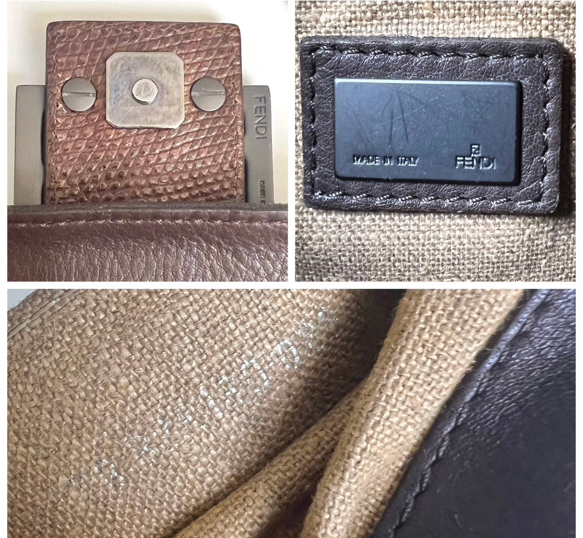 Fendi Limited Edition Dark Brown Leather Lizard Embroidered Mini Mamma Baguette Bag