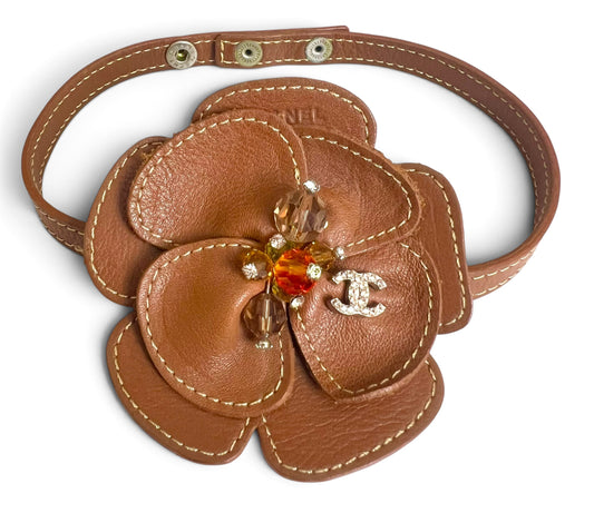 Chanel 05A Brown Camellia Beaded Leather Choker Statement Necklace/Bracelet