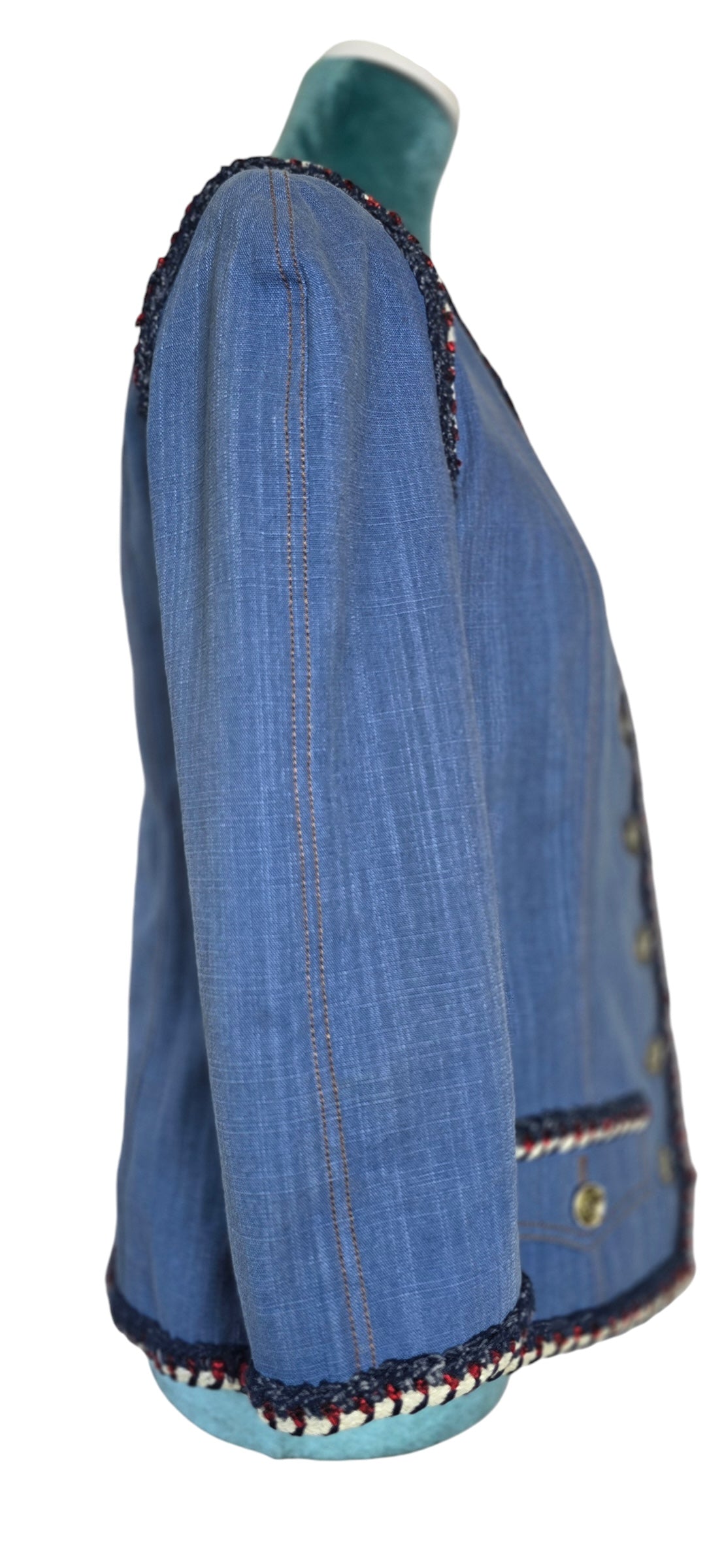 Chanel 13C Paris-Versailles Runway Denim Cotton Blue Braided Trim Jacket FR 38