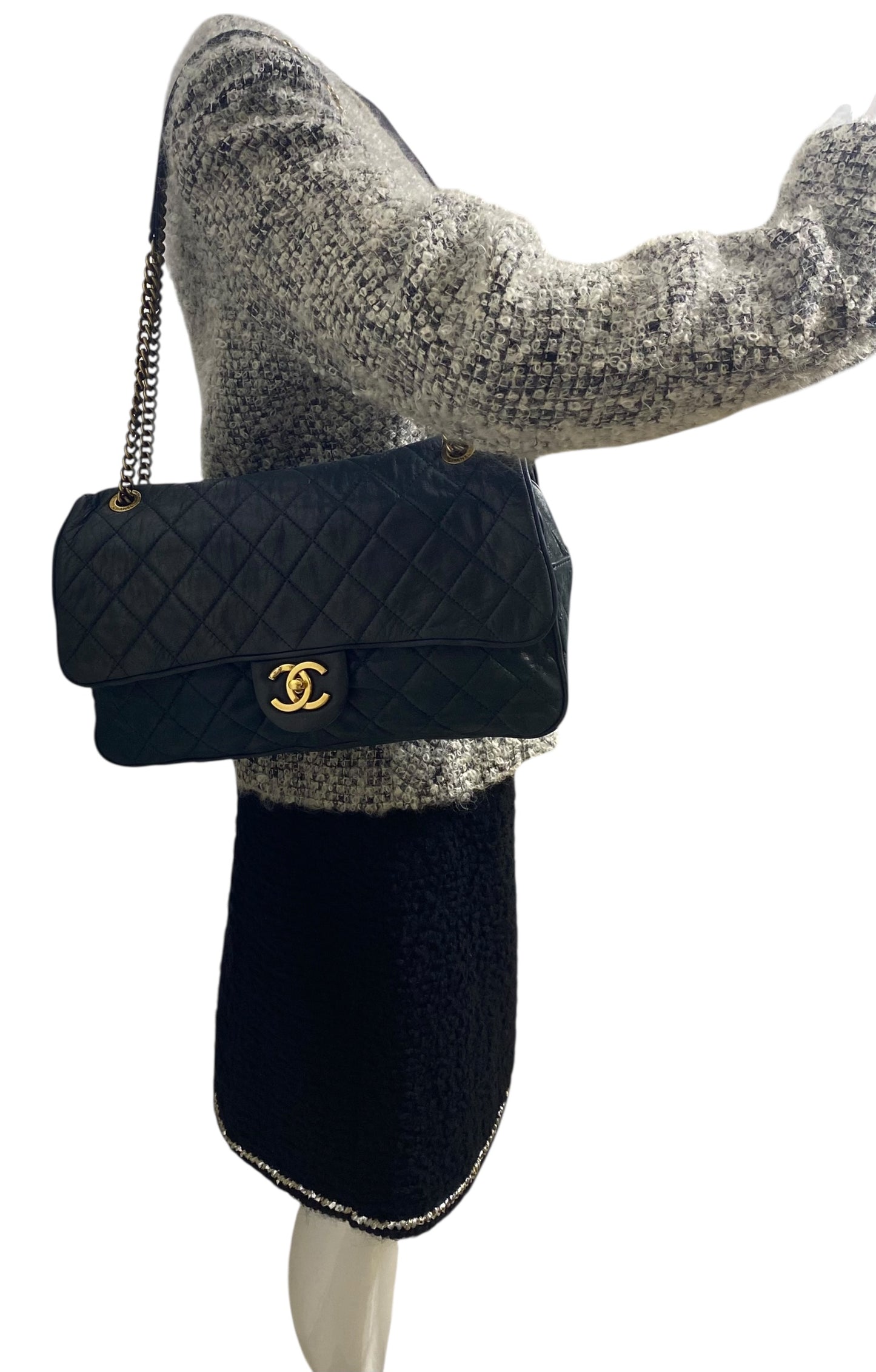 Chanel 2013 Black Quilted Iridescent Calfskin Shiva Jumbo Classic Flap Bag Gold Hardware