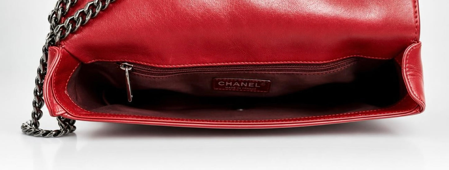 Chanel Red Quilted Glazed Aged Calfskin Leather Medium Coco Boy Flap Bag