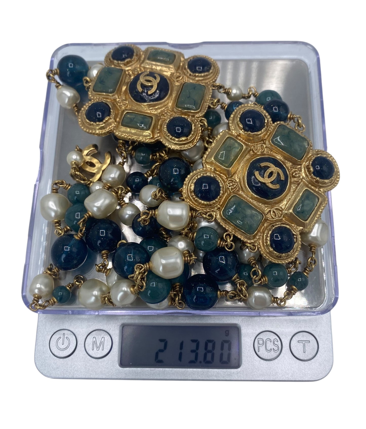 Chanel 11A Paris-Byzance 3 Strand Pearl Medallion Gold Green Blue Necklace/Belt
