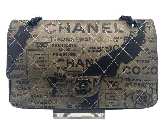 CHANEL 2015 GRAFFITI NEWSPAPER MEDIUM CLASSIC DOUBLE FLAP BAG SO BLACK