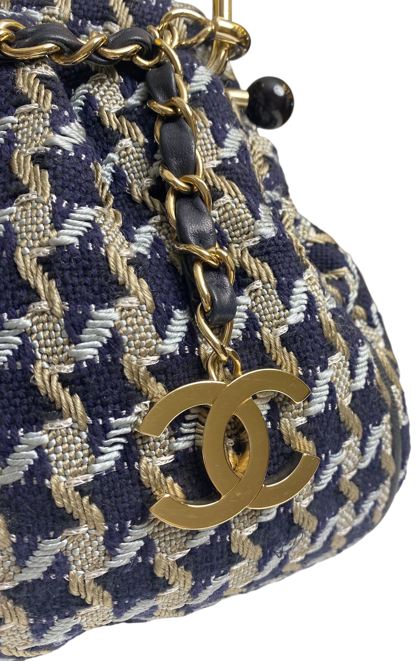 Rare Chanel 05P Runway Navy Blue Beige Tweed Top Handle Basket Bag