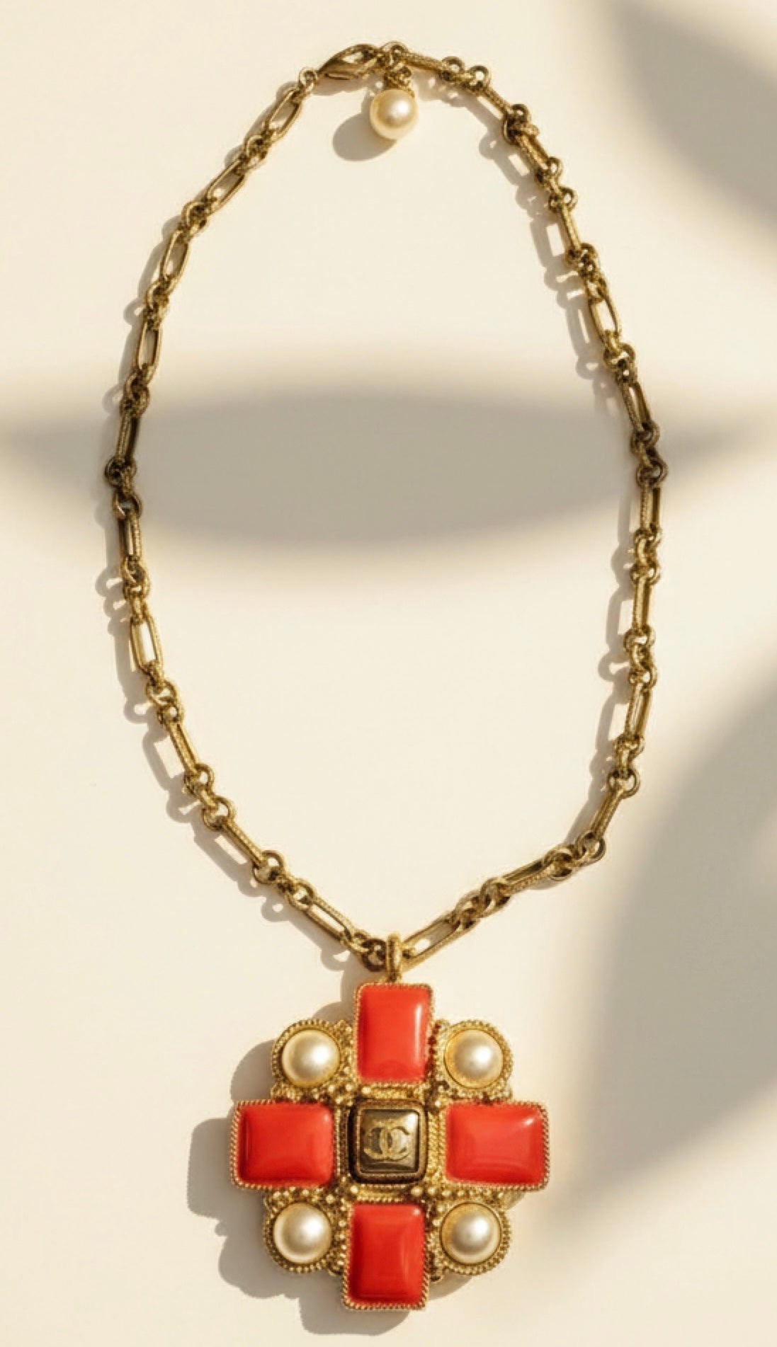 Chanel 13S XL CC Medallion Pendant Pink Coral Gripoix Pearl Gold Statement Necklace